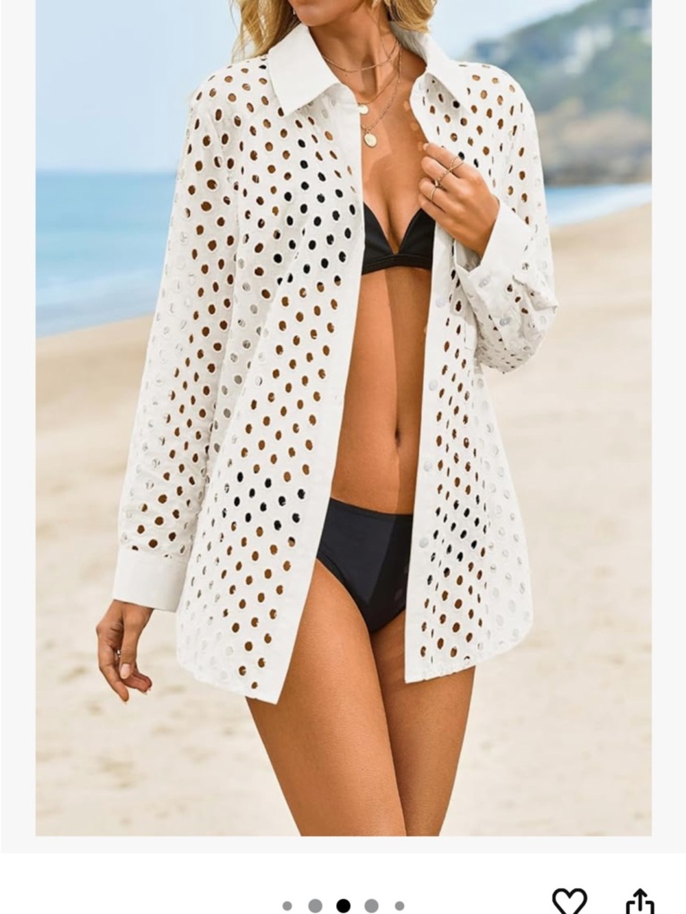 White Eyelet Cotton Button-Up Shirt Beach Coverup NEW Small - Picture 2 of 7